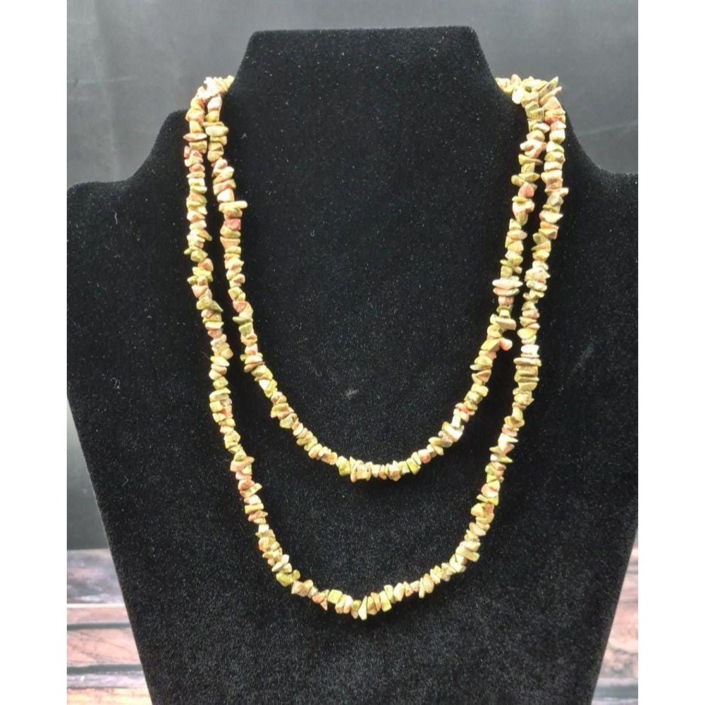 VTG Long Earth Tone Stone Beaded Necklace Green Pink‎ Brown Knotted Closure Boho